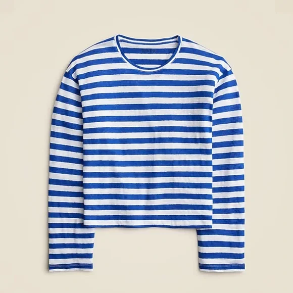 NWT! J. Crew New relaxed linen long-sleeve T-shirt in stripe - Royal Blue/White - Picture 1 of 7
